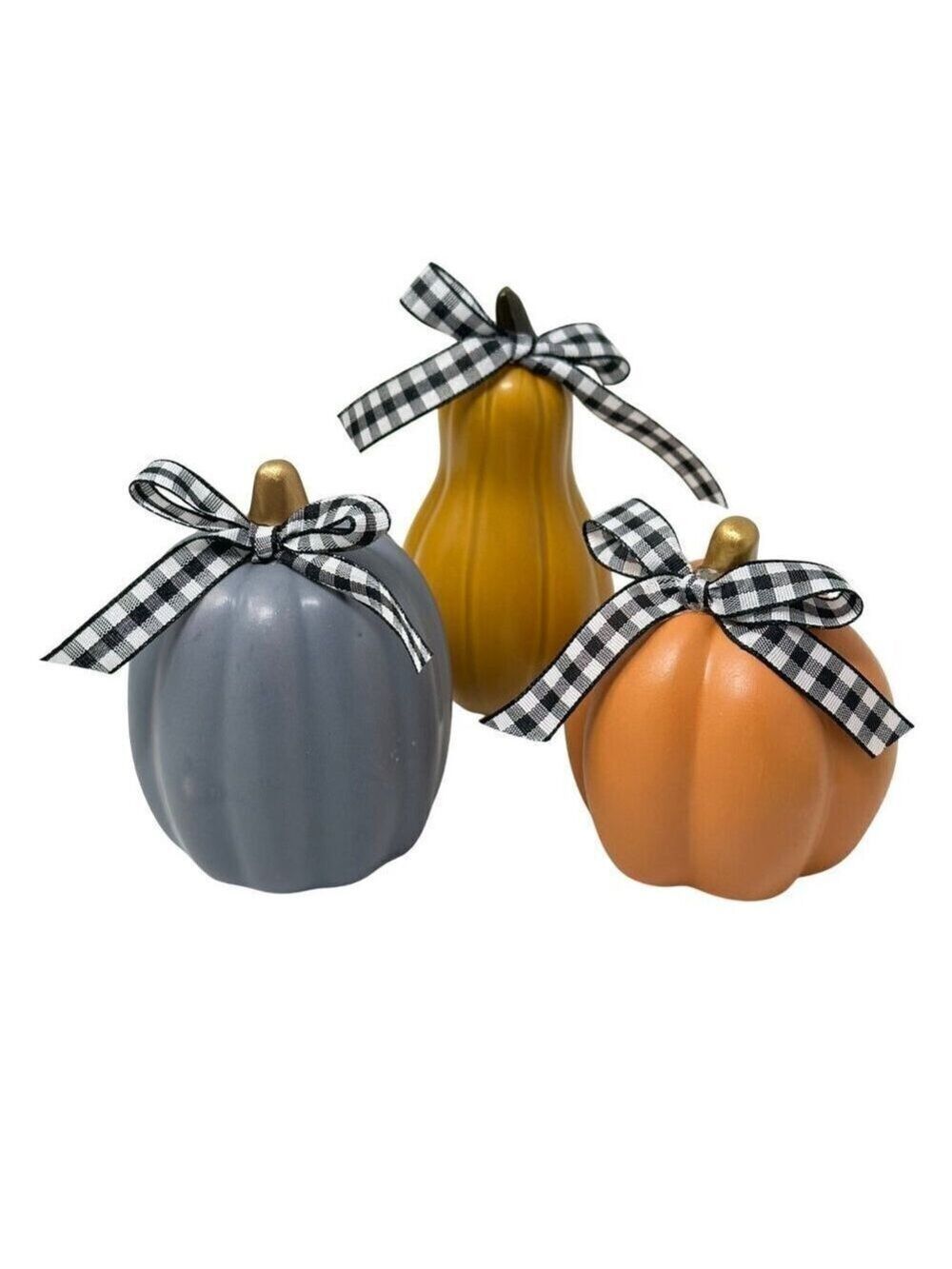 Fall Mini Ceramic Pumpkins Gourd Set of 3 Hand-Tied Plaid Bows Farmhouse Decor